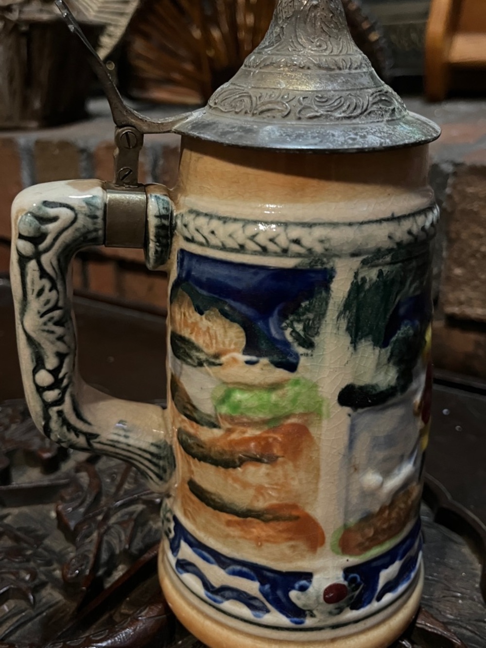 Traditional German Ceramic Beer Stein with Pewter Lid
